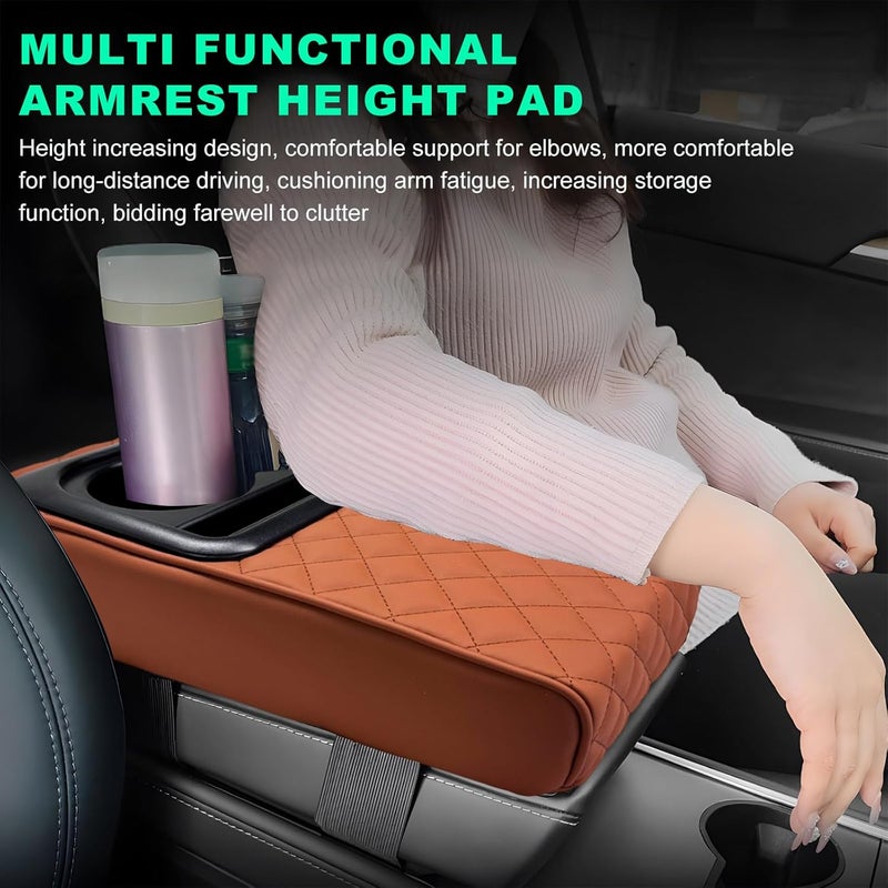 Suvnie Car Center Console Armrest Pillow, Memory Foam Auto Armrest Box Cover with Cup Holder & Phone Holder, Waterproof Leather Arm Rest Protector Cushion, Interior Car Accessories (Diamond, Brown) - Image 4